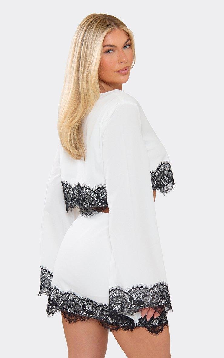 EGO Long Sleeve V Neck Lace Trim Button Through Crop Top In White, Women's Size UK 6 - 2