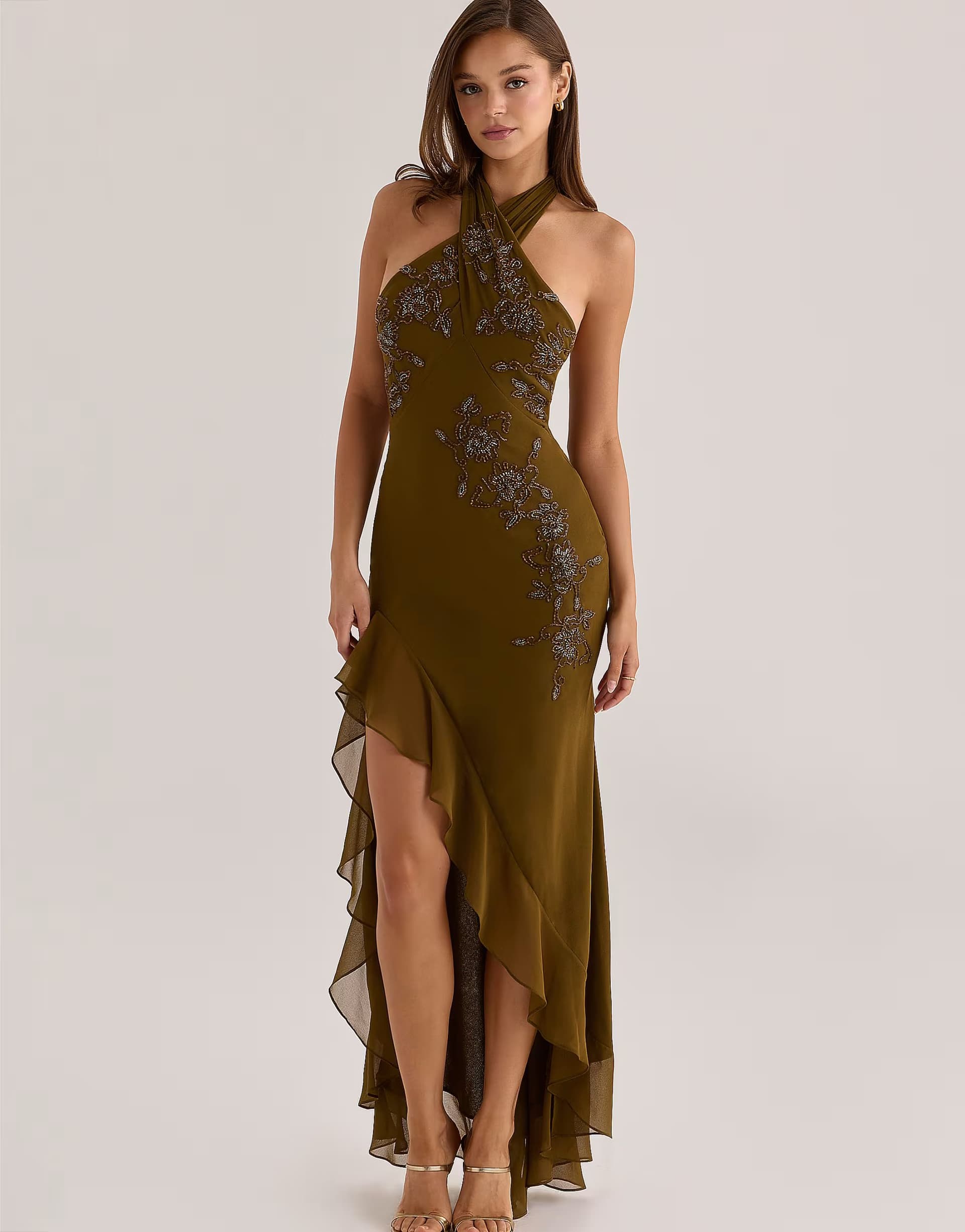ASOS House of CB Raquel sage georgette hand embellished halter maxi dress in sage
