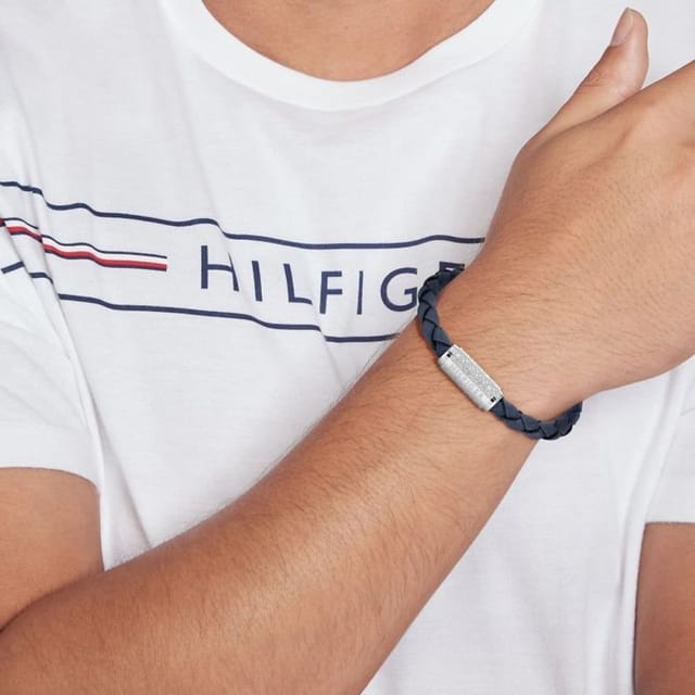 Tommy Hilfiger Tommy Hilfiger Men's Exploded Braided Navy Blue Leather Monogram Bracelet 2790480 - 2