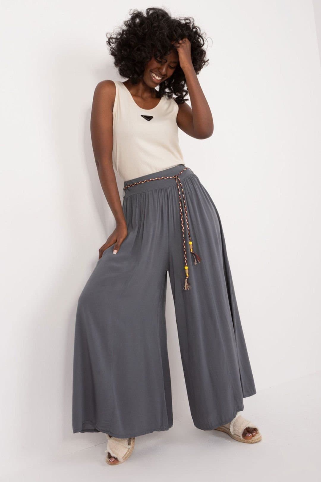 Love Lace Love Lace Women's High Waisted Wide Leg Viscose Tie Pants in Grey