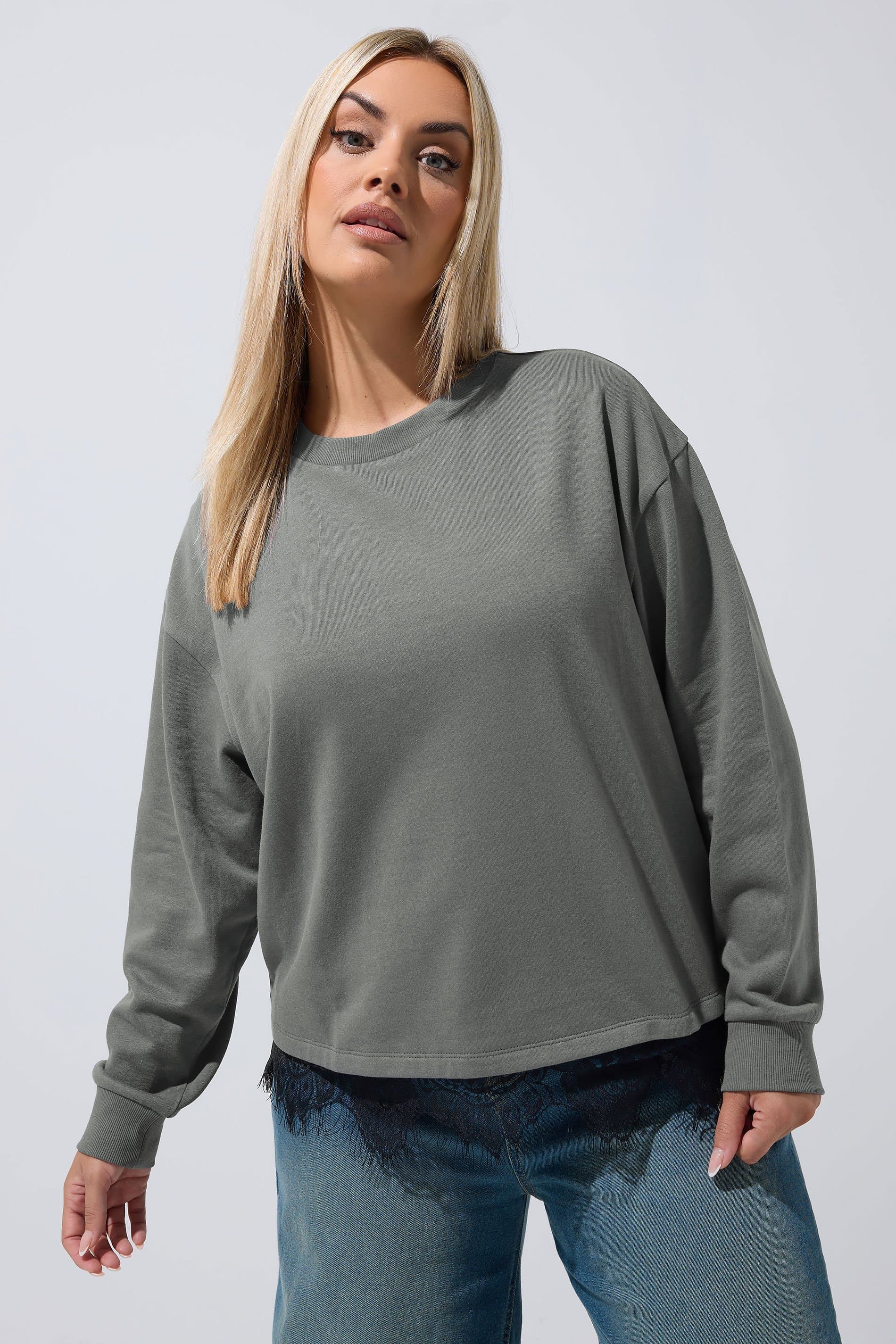 Limited Collection Plus Size Grey Lace Hem Long Sleeve Tshirt
