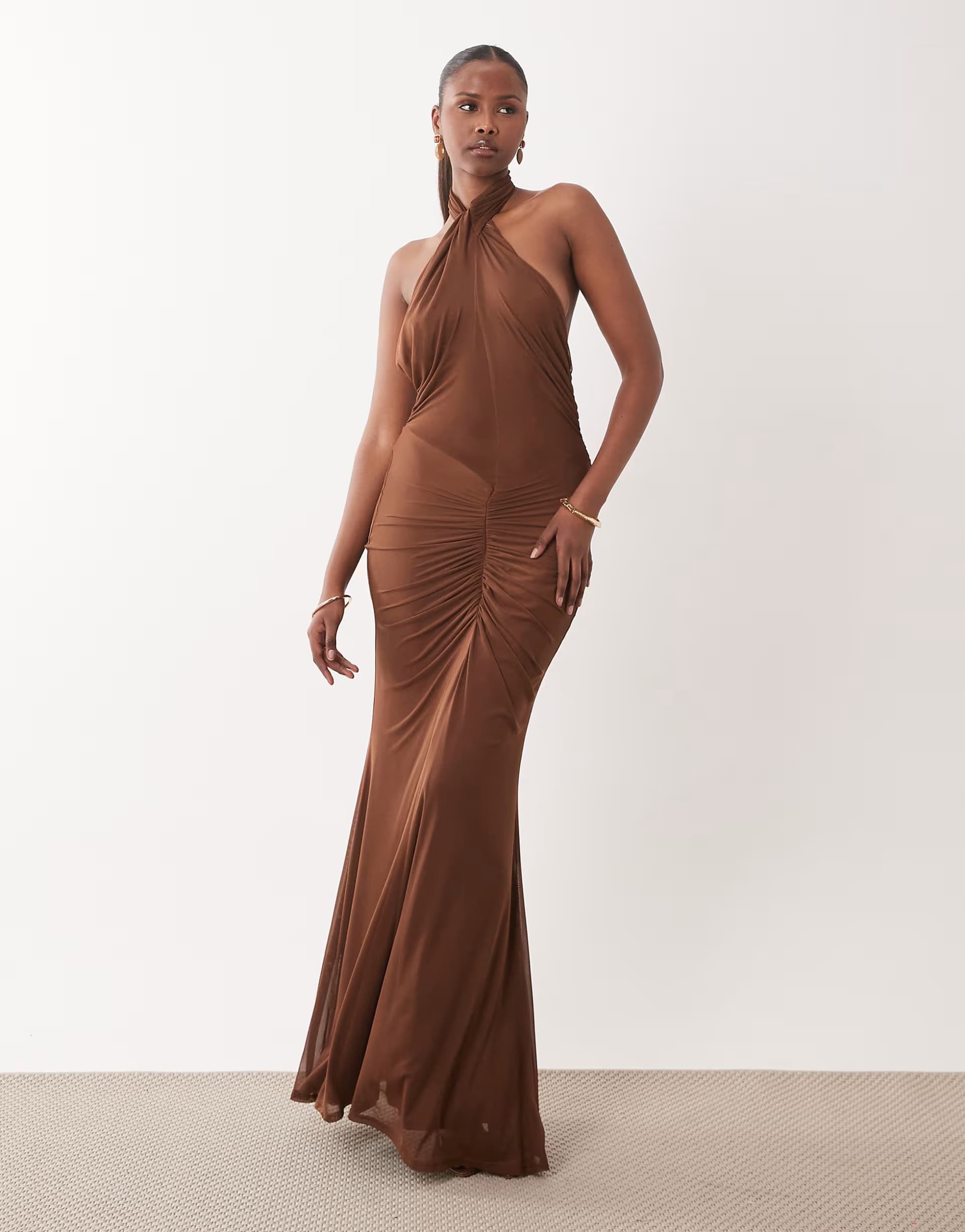 ASOS ASOS DESIGN mesh halter neck maxi dress with ruched skirt in chocolate