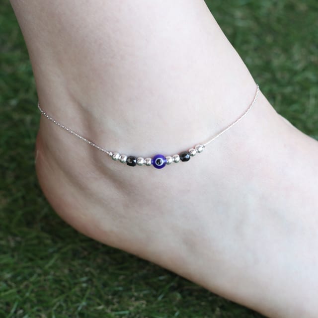 The Colourful Aura The Colourful Aura Women's Pure Silver Beaded Evil Eye Nazar Payal Anklet - 2