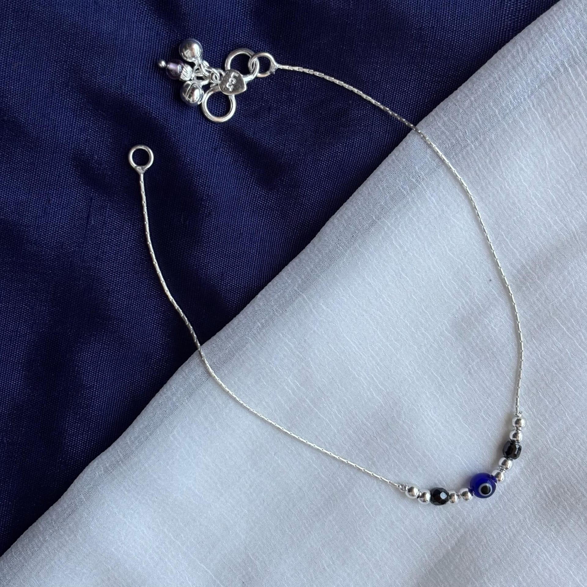 The Colourful Aura The Colourful Aura Women's Pure Silver Beaded Evil Eye Nazar Payal Anklet - 4