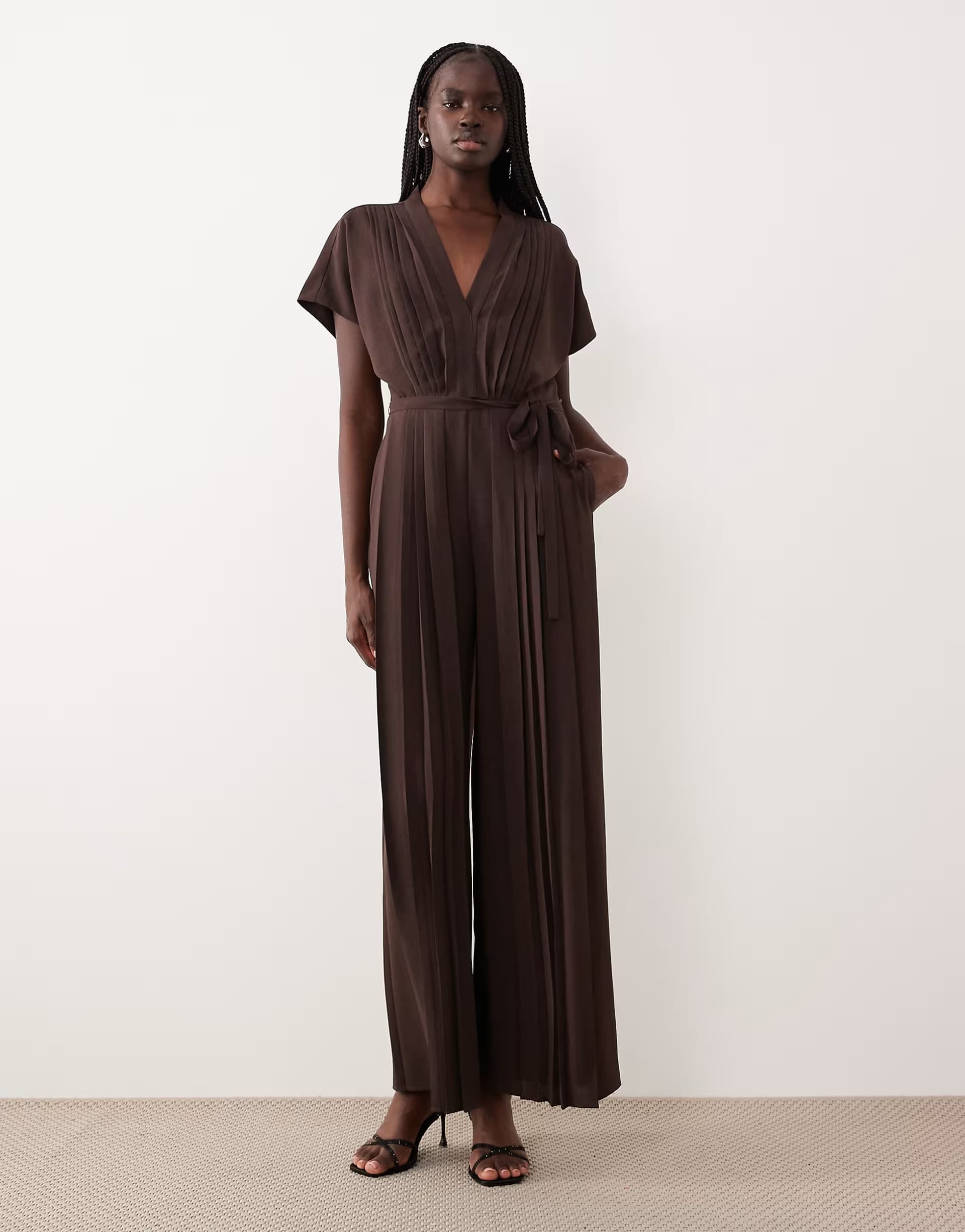 ASOS Mango pleat detail short sleeve jumpsuit in chocolate