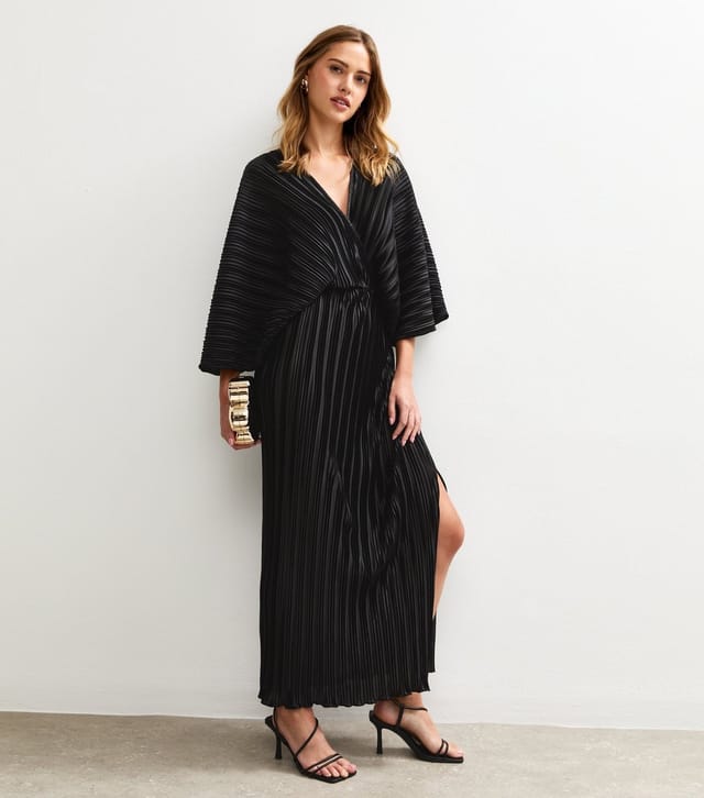 New Look Women's Black Satin Plisse Batwing Sleeve Midi Dress New Look - 3