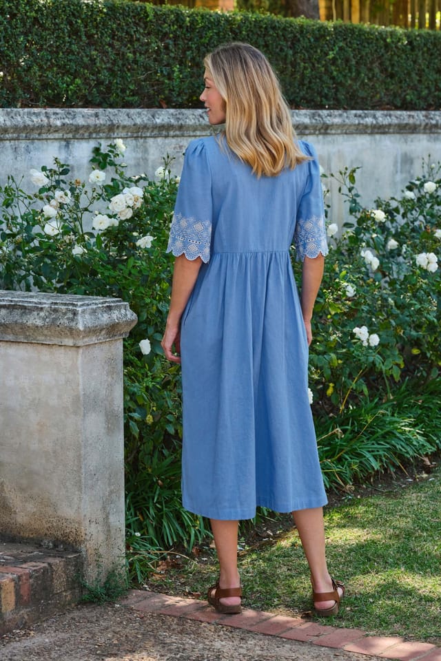 WoolOvers WoolOvers Women's Broderie Button Through Dress in Blue - 2