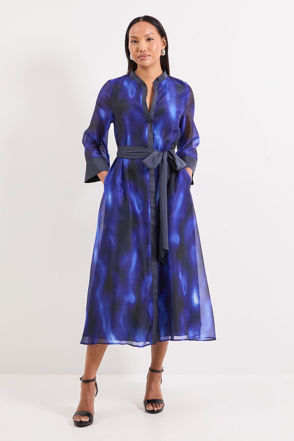 Wallis Wallis Women's Abstract Organza Contrast Shirt Dress in Blue