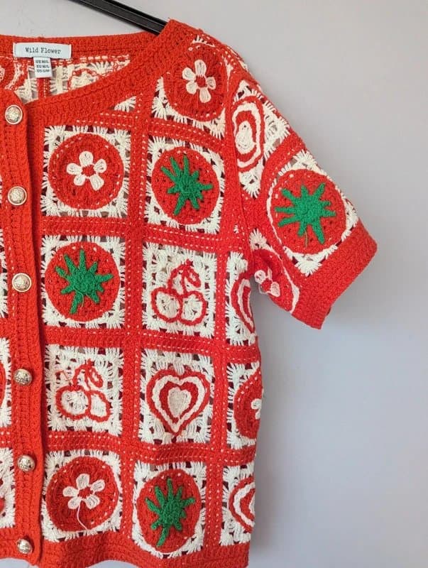Wild Flower Women's red Wild Flower button jumper top cardigan cherry love heart floral pattern size M / L