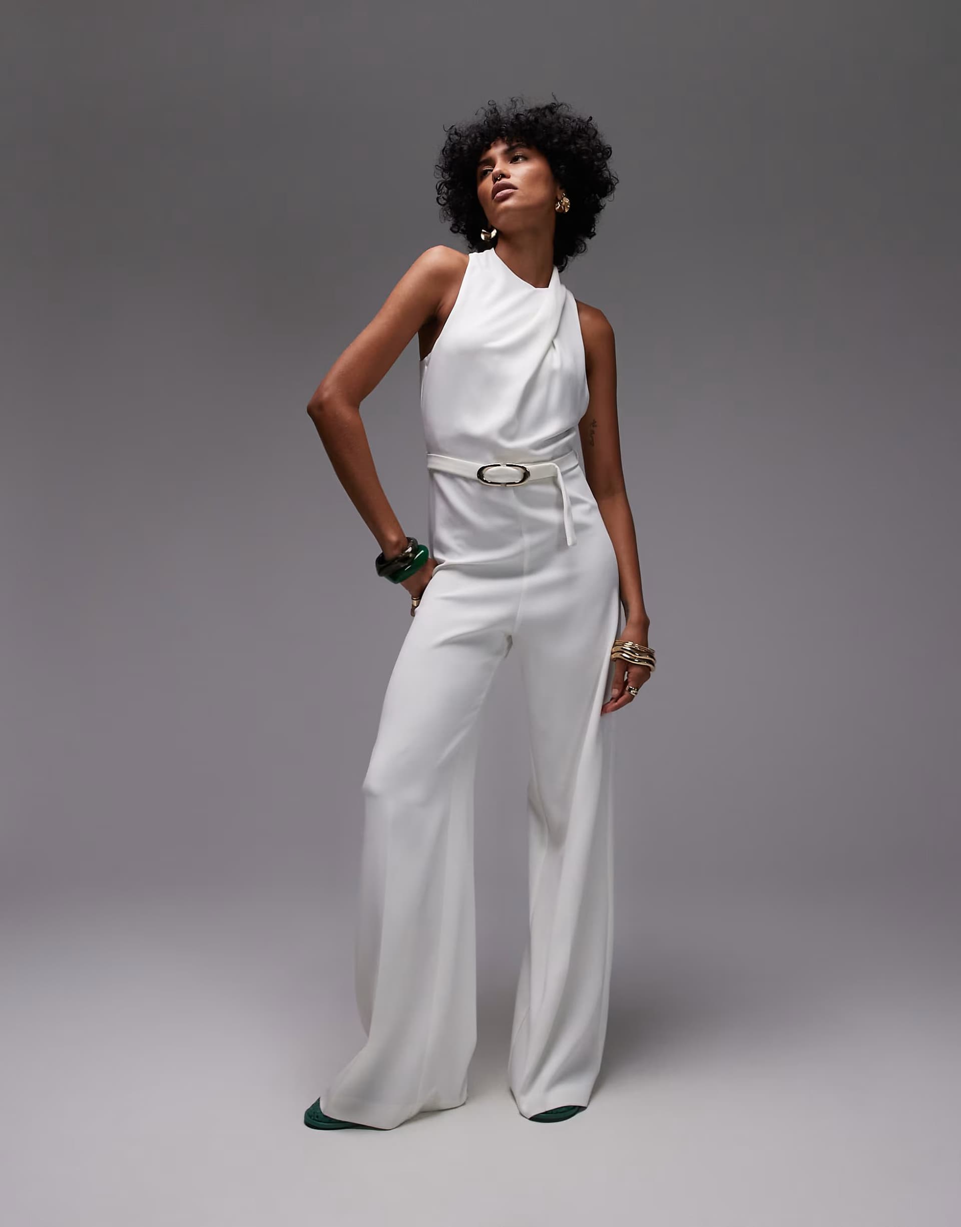 ASOS Mango high neck draped jumpsuit with gold belt in off white