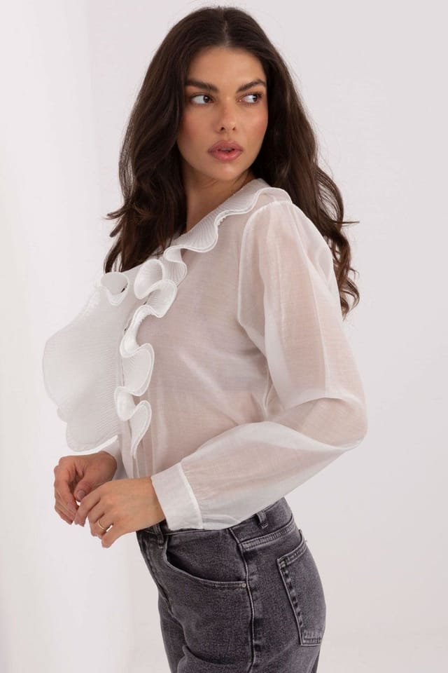 Love Lace Love Lace Women's Elegant Jabot Detail Long Sleeve Shirt in White - 2