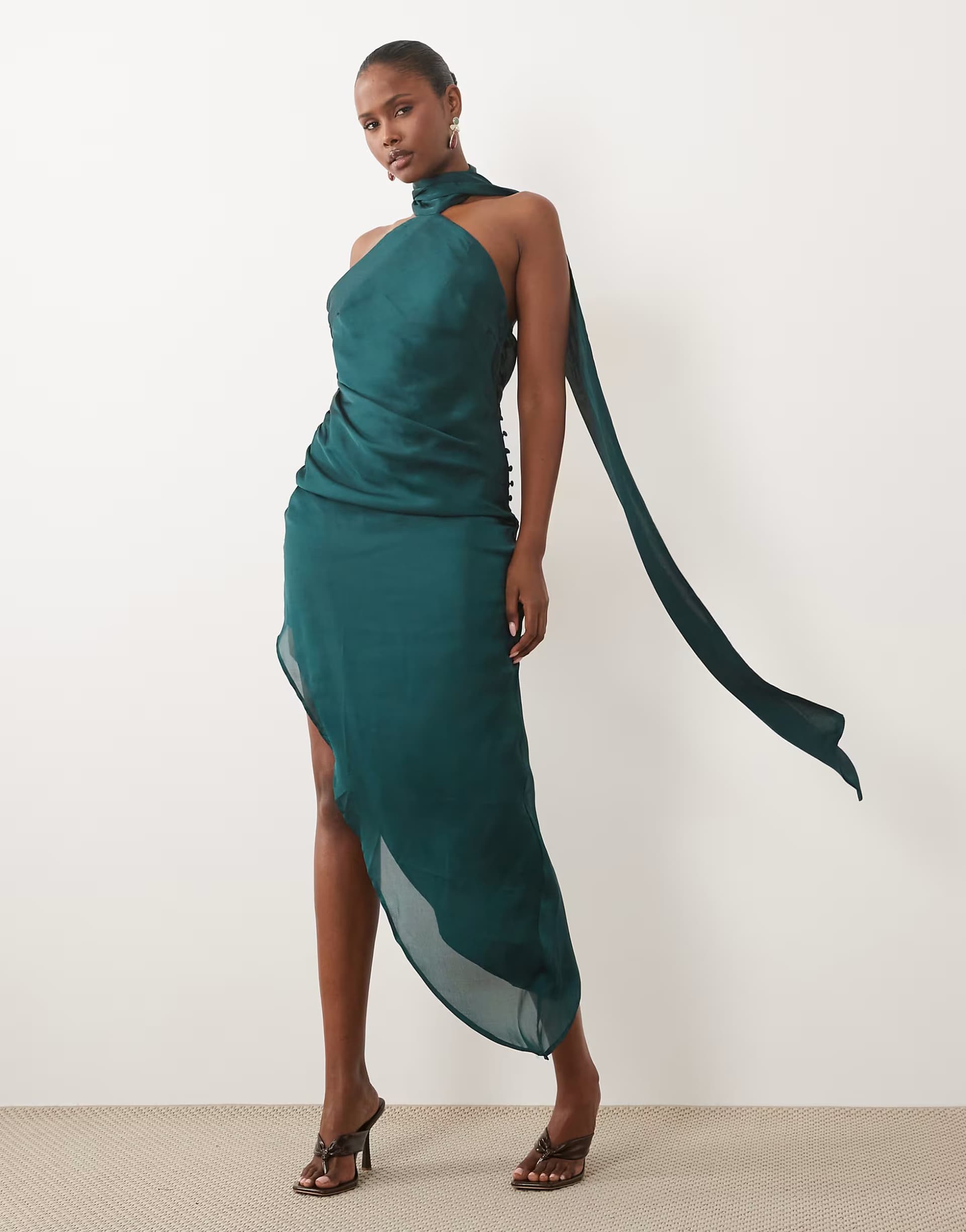 ASOS ASOS DESIGN scarf detail asymmetric satin midaxi dress in forest green