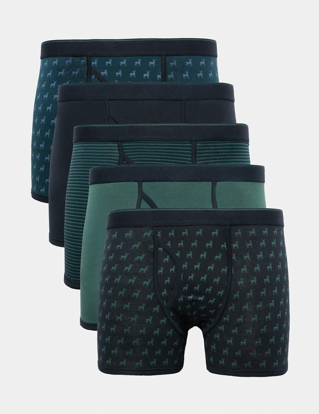 Marks & Spencer M&S 5 Pack Cotton Stretch Stag Print Trunks Teal Mix