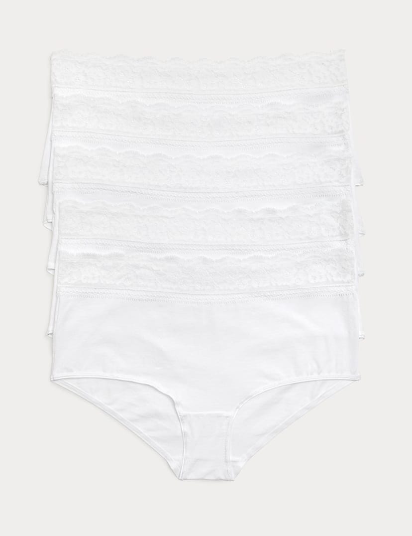 Marks & Spencer M&S 5pk Cotton Lycra® & Lace High Rise Short White/White - 1