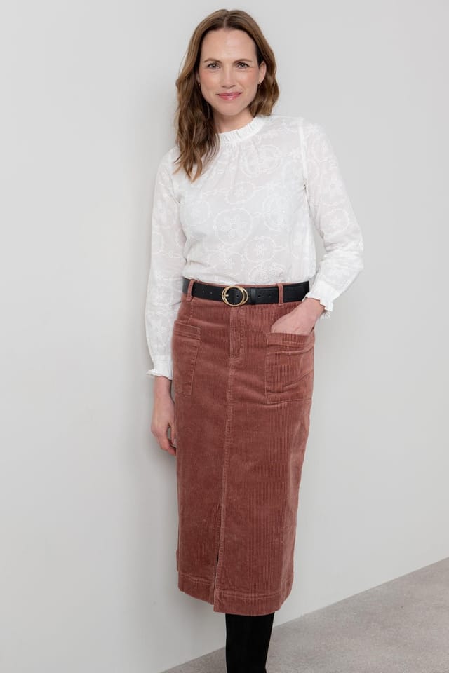 Lily & Me Lily & Me Women's Fiona Gathered Neck Emroidered Cotton Blouse with Long Sleeves in White - 2