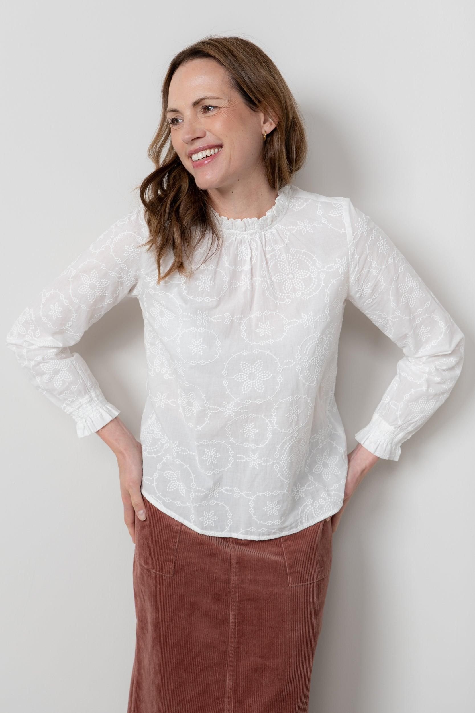 Lily & Me Lily & Me Women's Fiona Gathered Neck Emroidered Cotton Blouse with Long Sleeves in White - 3