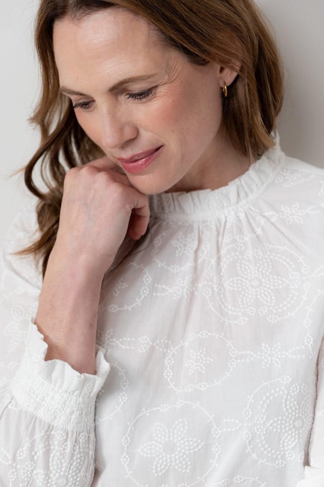 Lily & Me Lily & Me Women's Fiona Gathered Neck Emroidered Cotton Blouse with Long Sleeves in White - 3