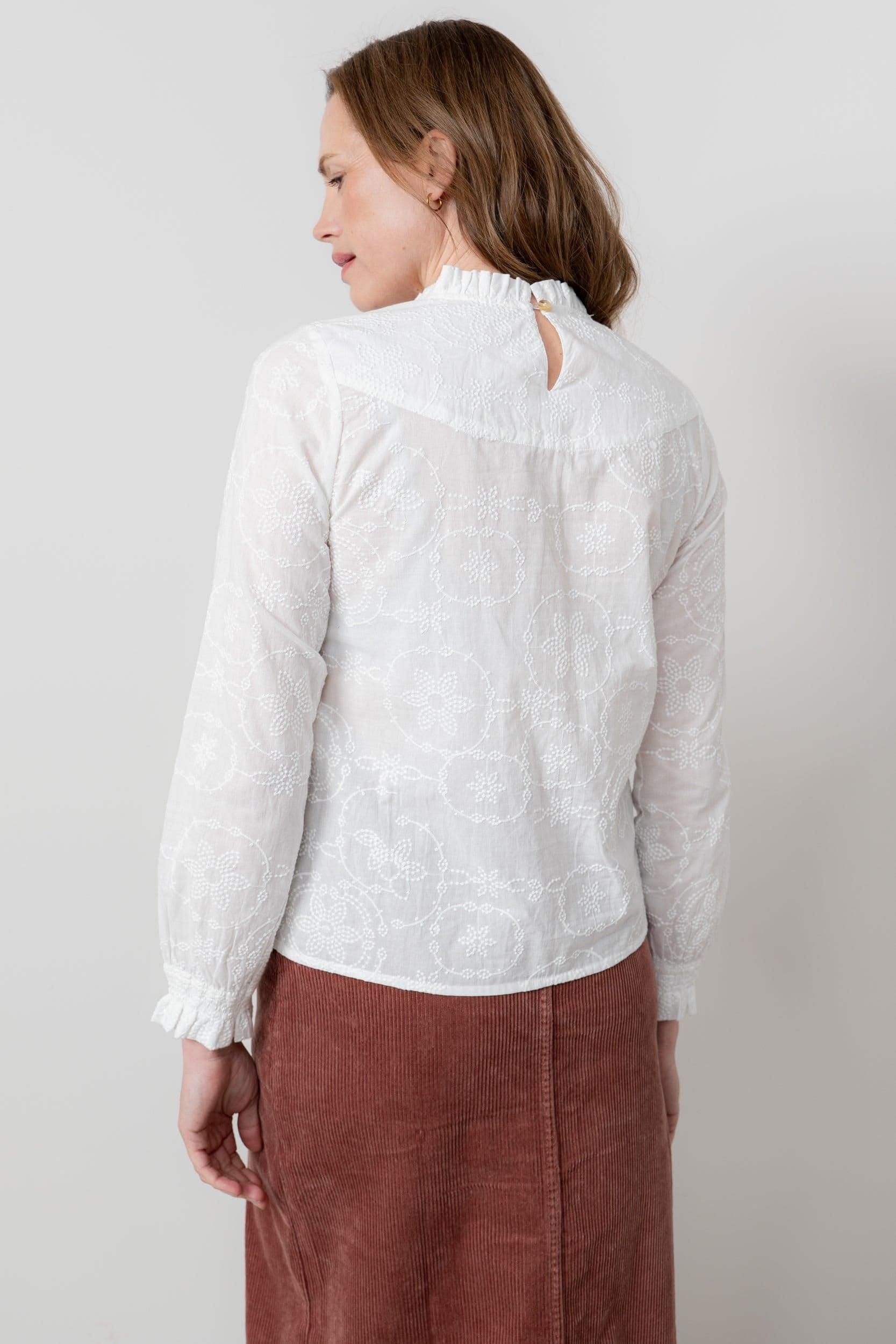 Lily & Me Lily & Me Women's Fiona Gathered Neck Emroidered Cotton Blouse with Long Sleeves in White - 4