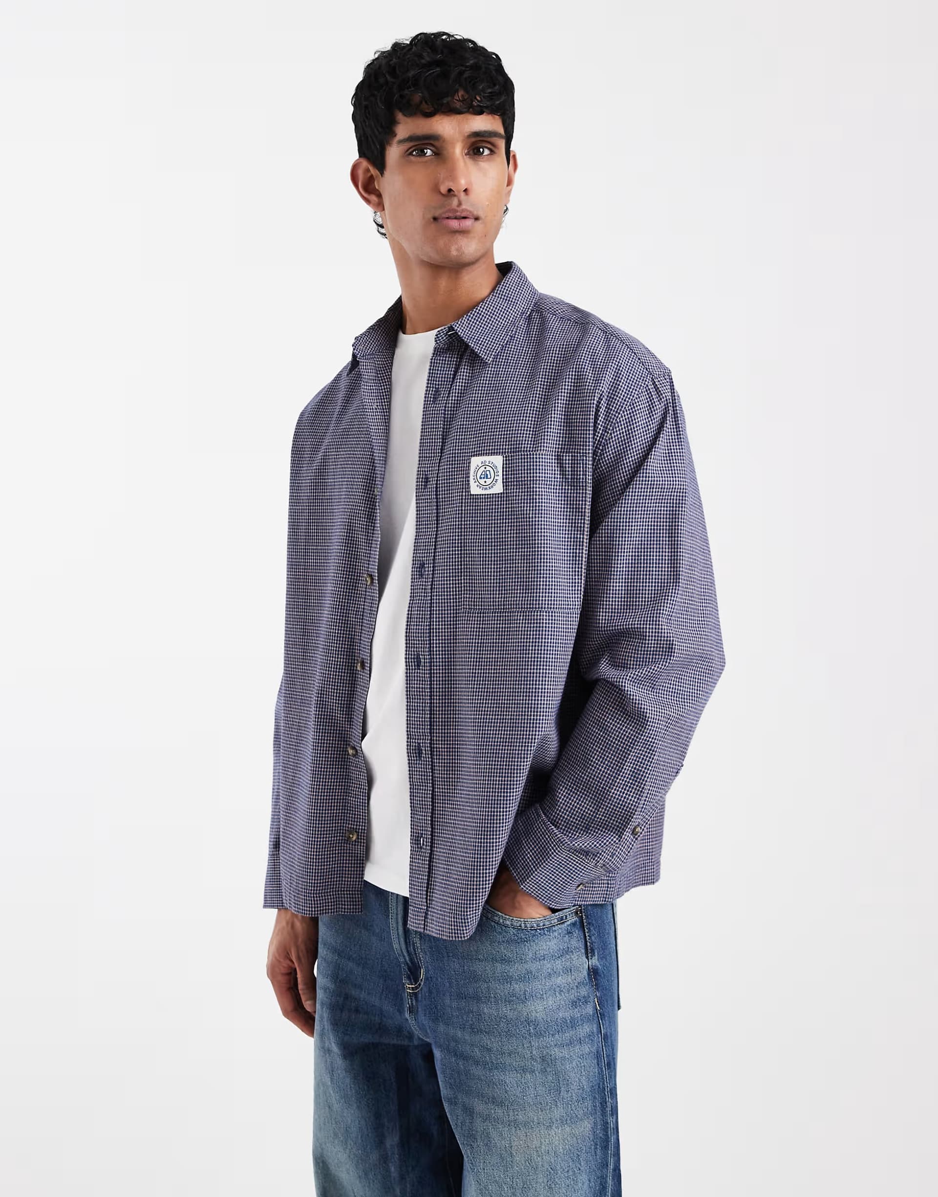ASOS ASOS DESIGN oversized checked shirt with chest badge in navy