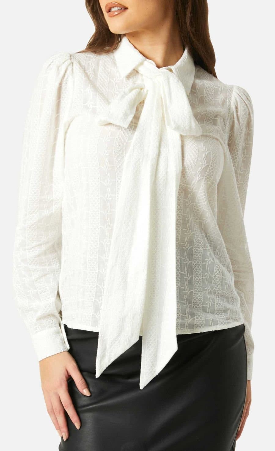 Little Mistress Little Mistress White Embroidered Pussybow Shirt