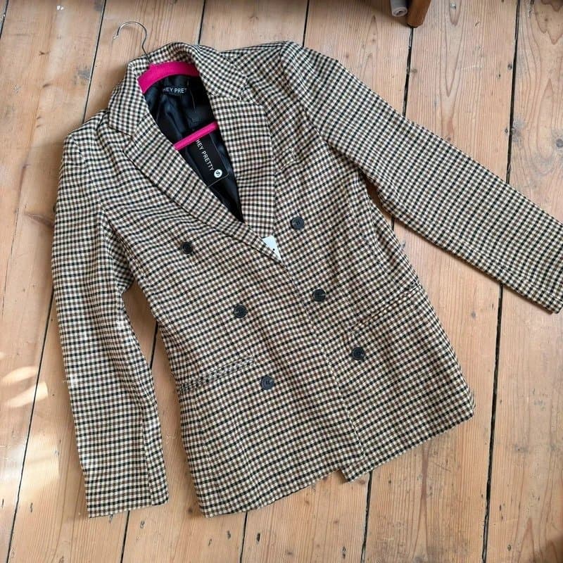 ASOS Hey Pretty BNwT Brown Check Double Breasted Blazer Size S Smart Jacket Workwear