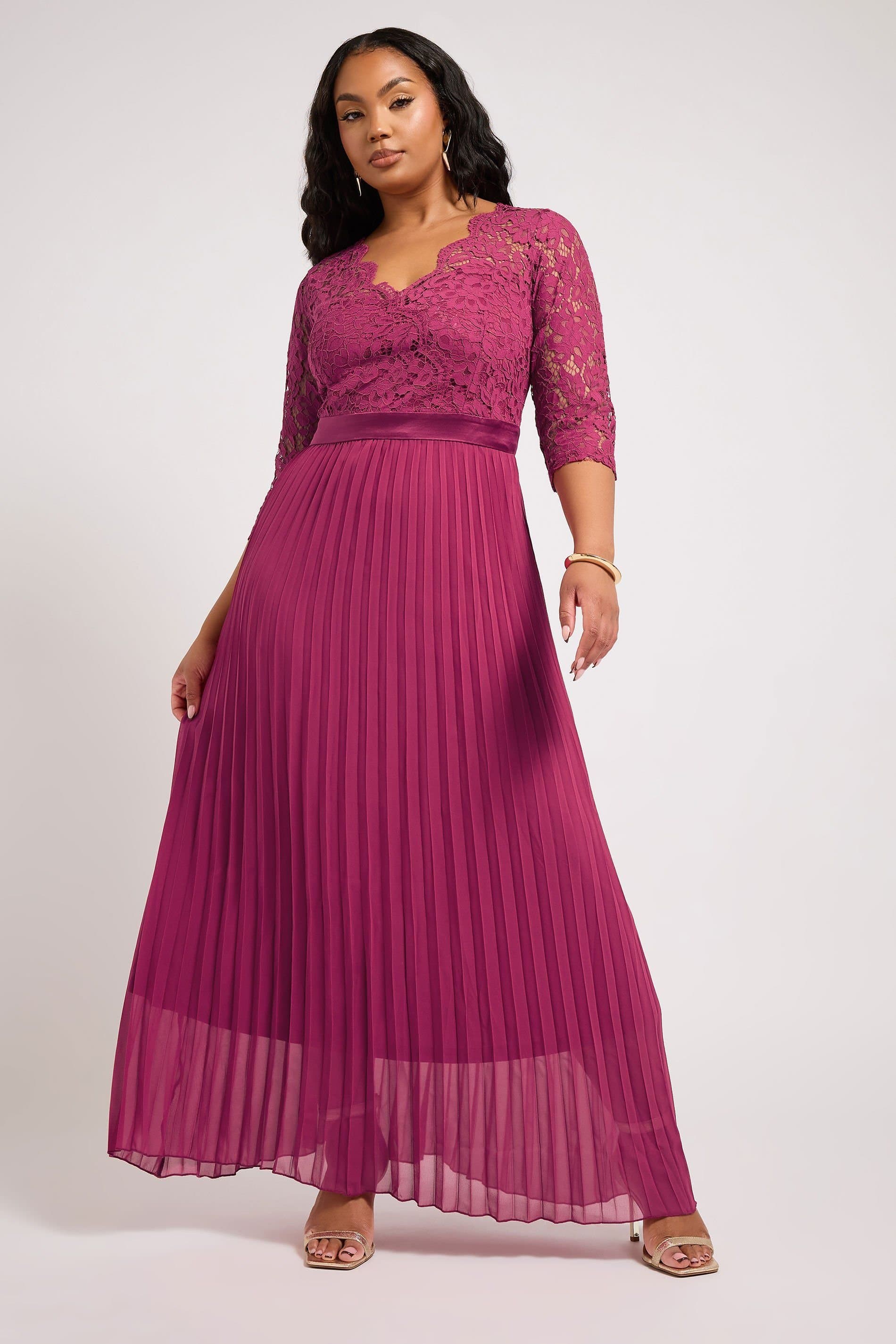 Yours Yours Women's Lace Wrap Pleated Maxi Dress in Pink