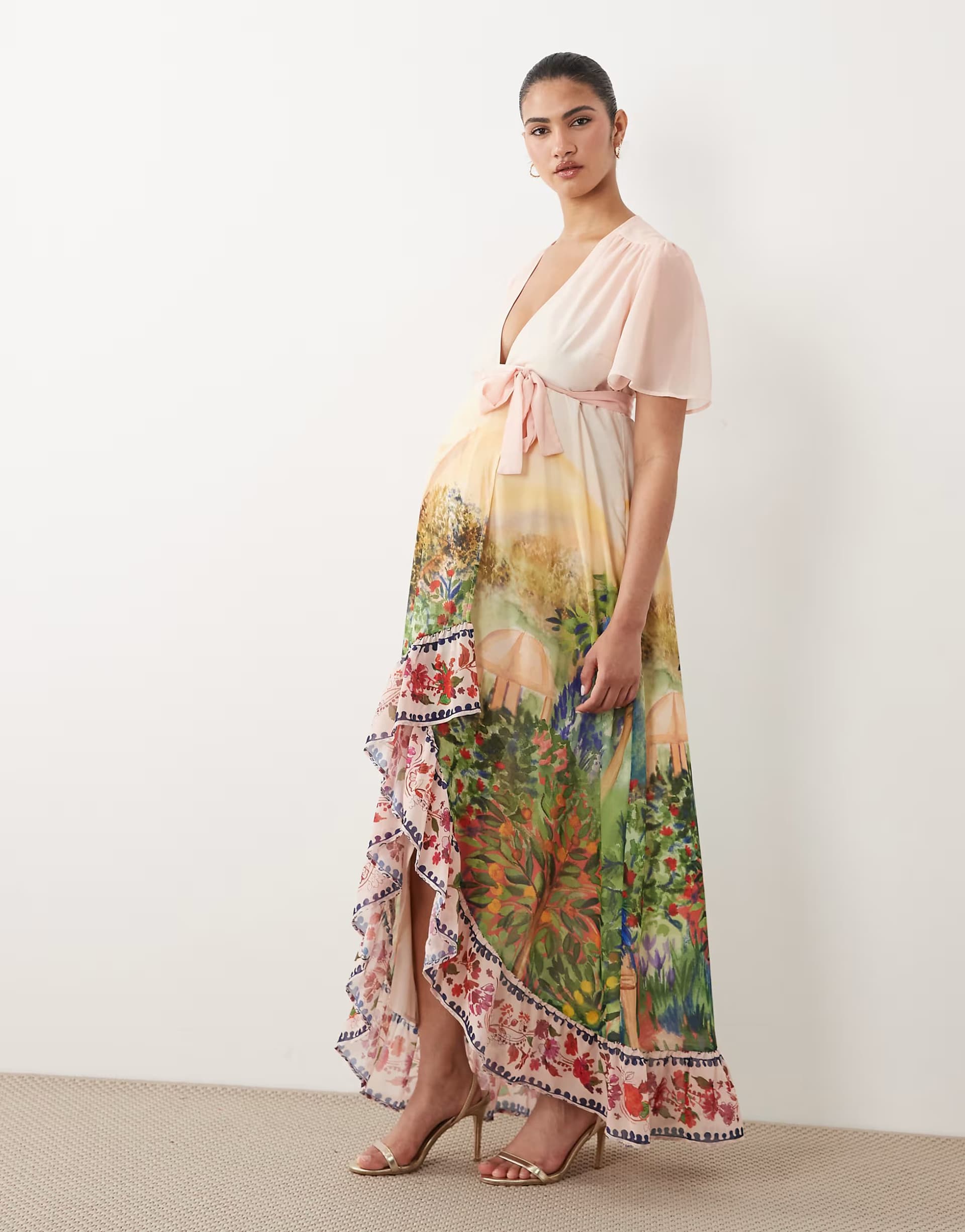 ASOS Hope & Ivy Maternity flutter sleeve wrap maxi dress in pink floral boarder scene