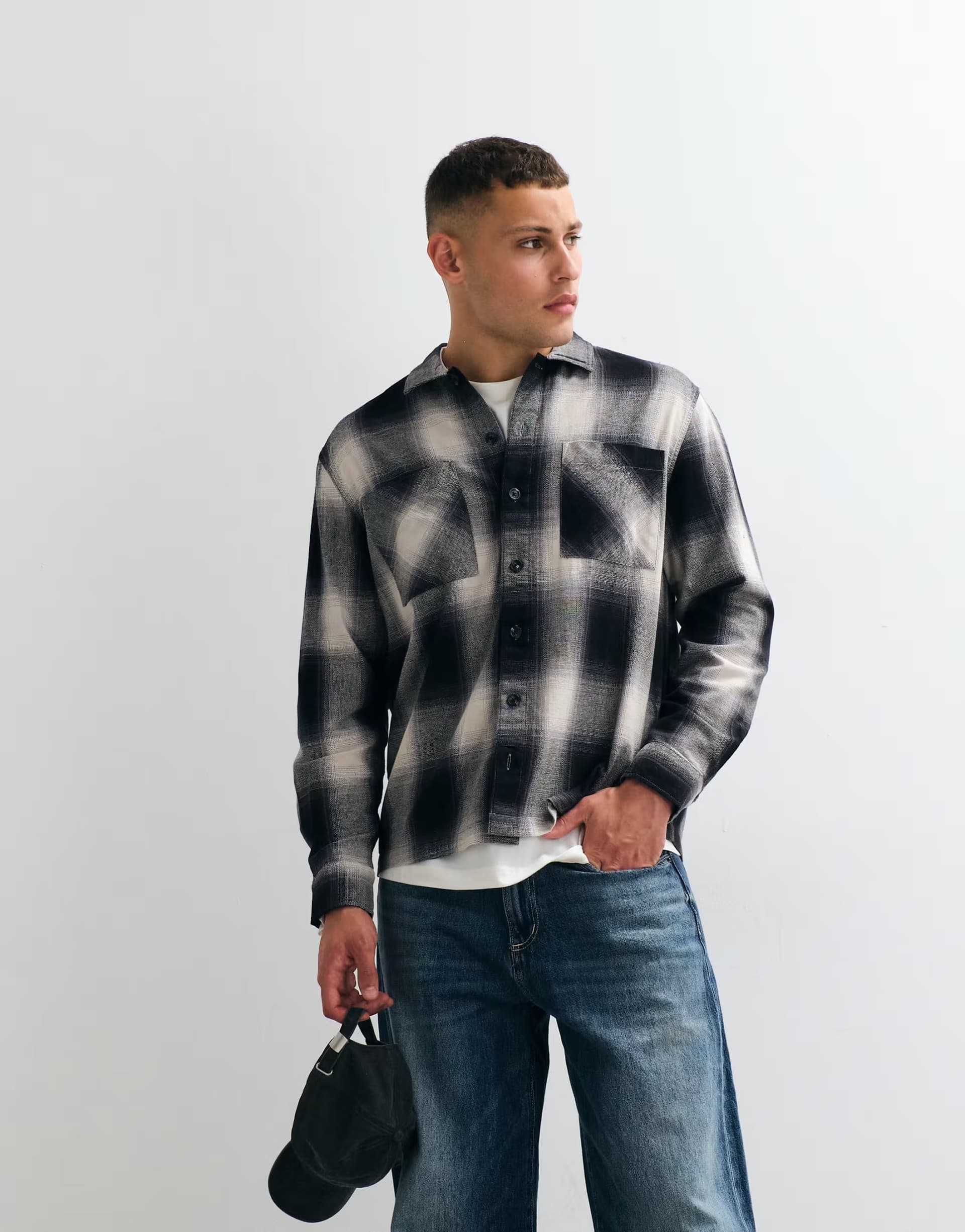 ASOS ASOS DESIGN check overshirt with double pocket in black