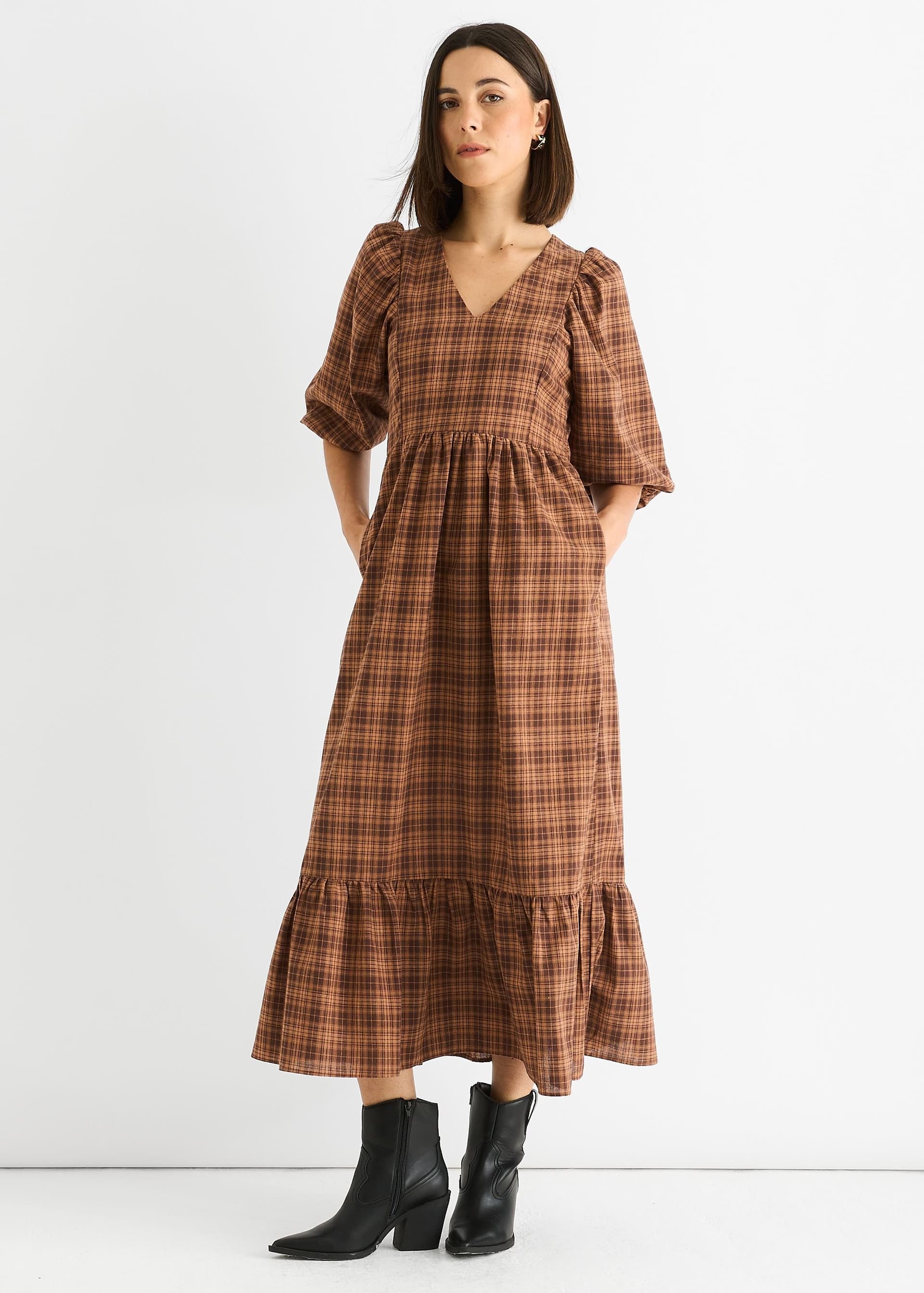 Gini London Gini London Women's Brown Cotton Puff Sleeves V Neck Midi Dress