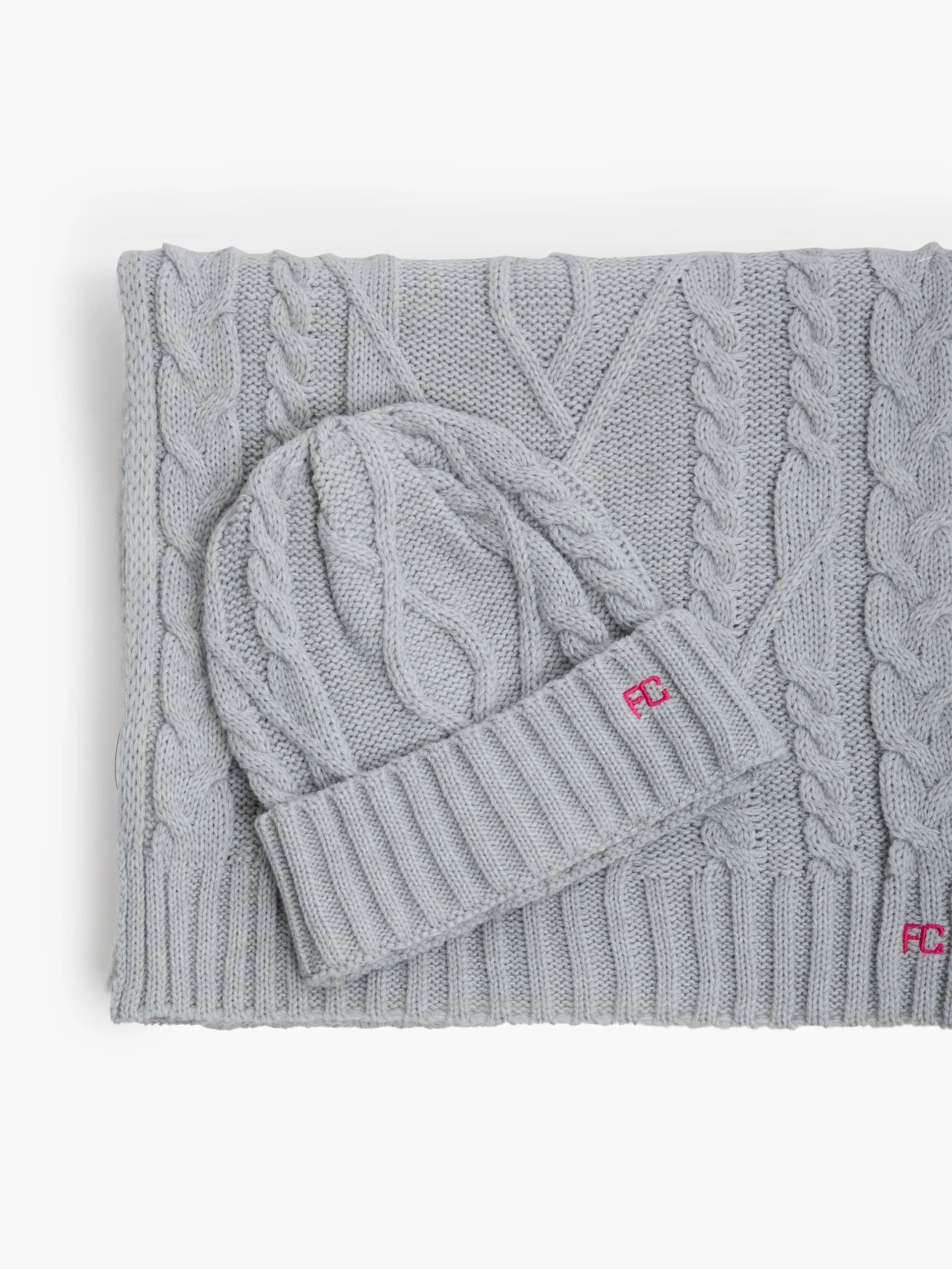 French Connection French Connection Light Grey Cable Knit Scarf and Beanie Set