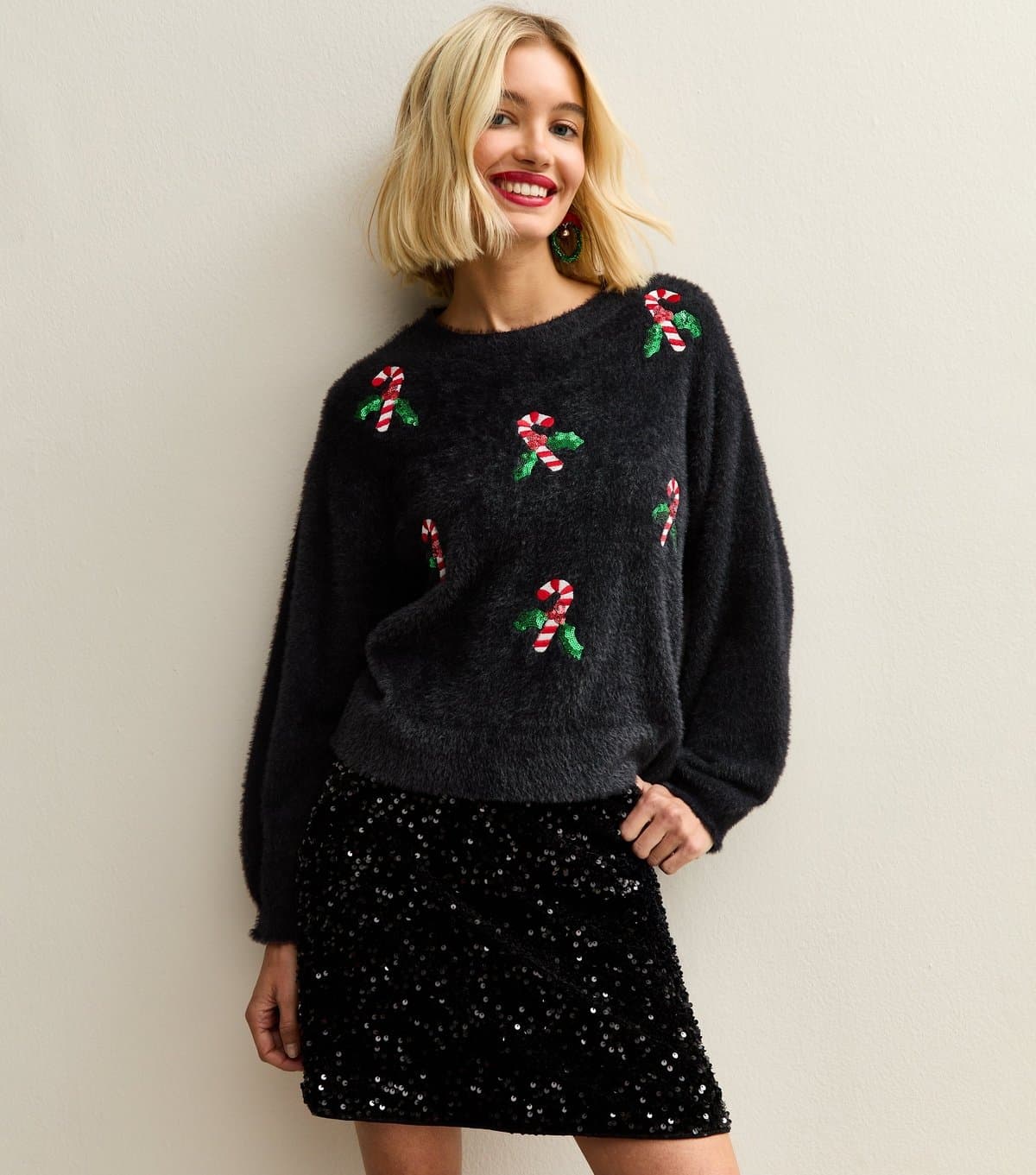 Sunshine Soul Women's Black Candy Cane Embroidered Jumper Sunshine Soul New Look