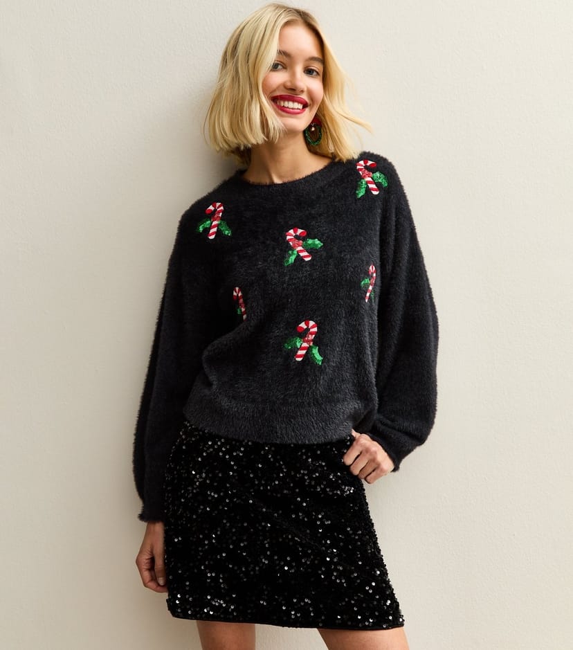 Sunshine Soul Women's Black Candy Cane Embroidered Jumper Sunshine Soul New Look - 1