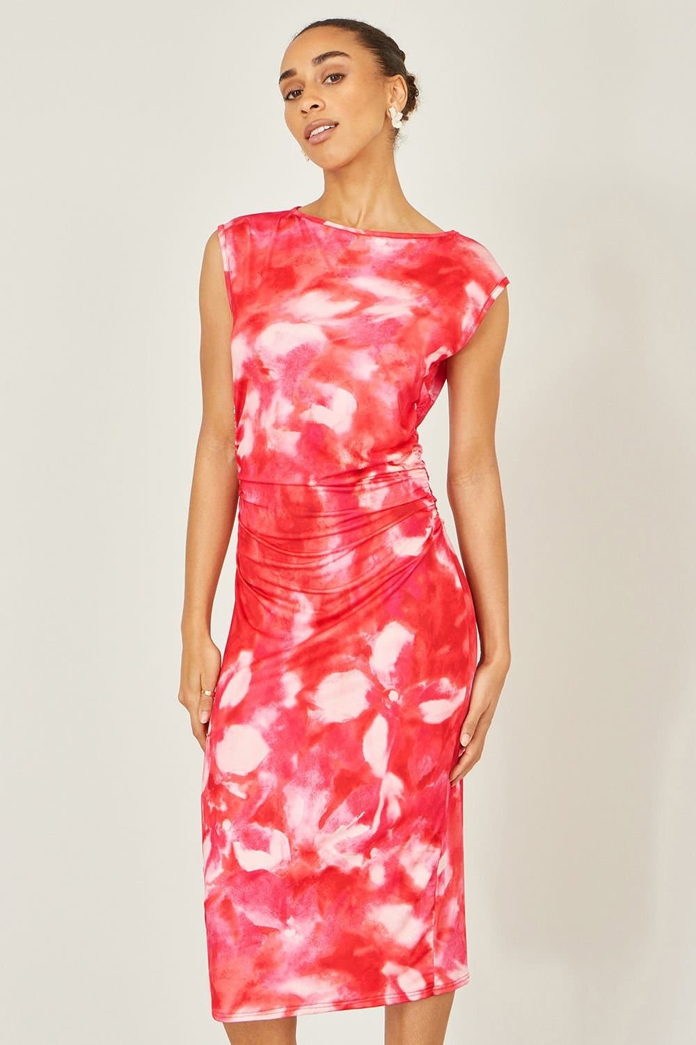 Yumi Yumi Women's Red Mesh Ruched Bodycon Midi Dress