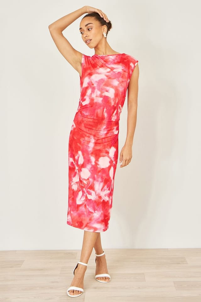 Yumi Yumi Women's Red Mesh Ruched Bodycon Midi Dress - 3