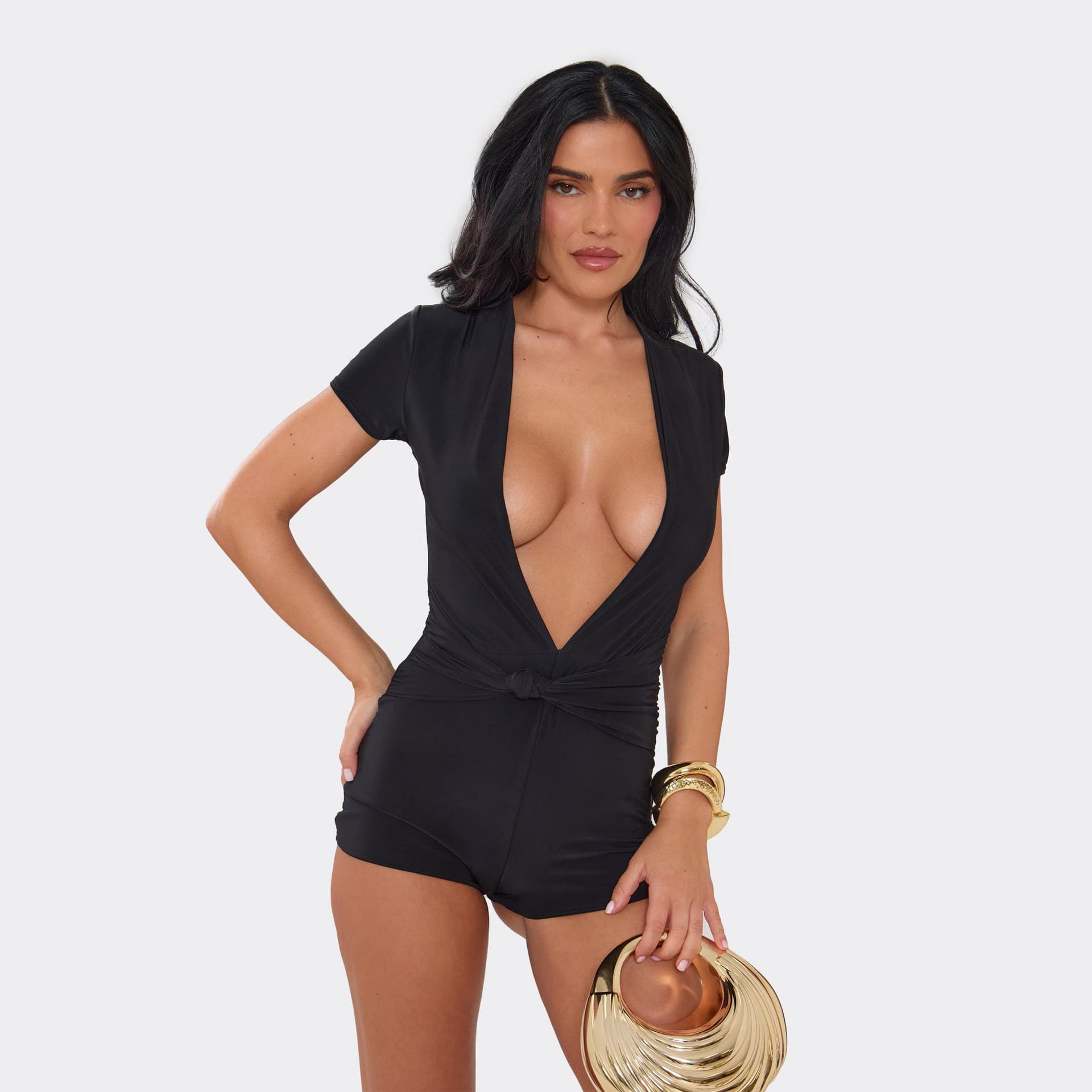 EGO Short Sleeve Plunge Front Knot Wrap Detail Playsuit In Black, Women's Size UK 6