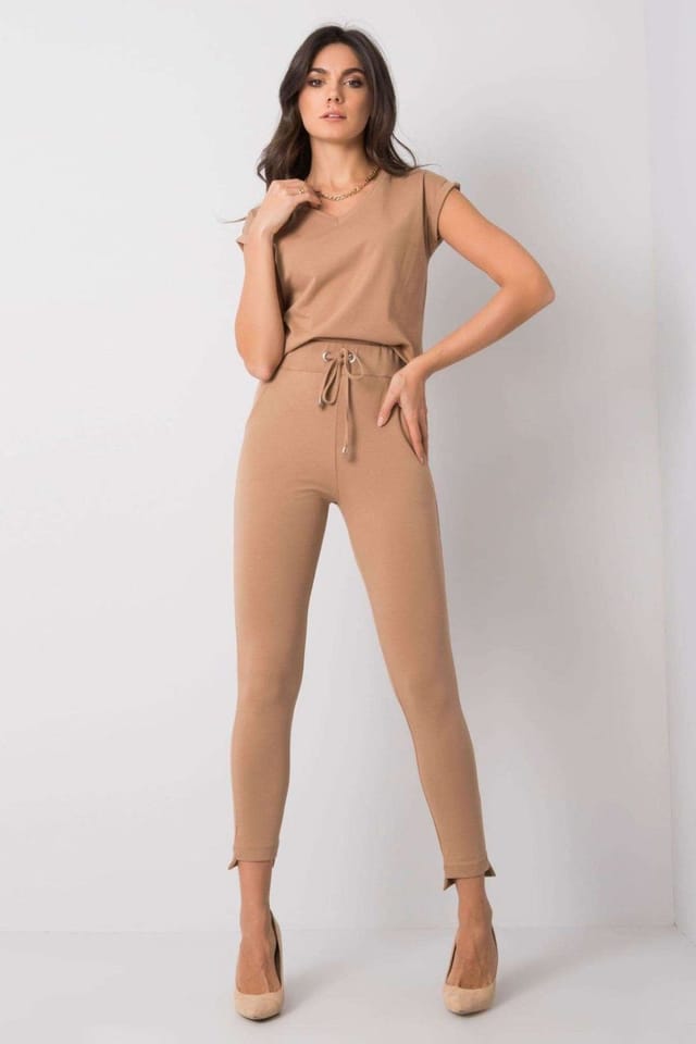 Love Lace Love Lace Women's Tie Waist Tapered Sweatpants with Side Pockets in Camel - 2