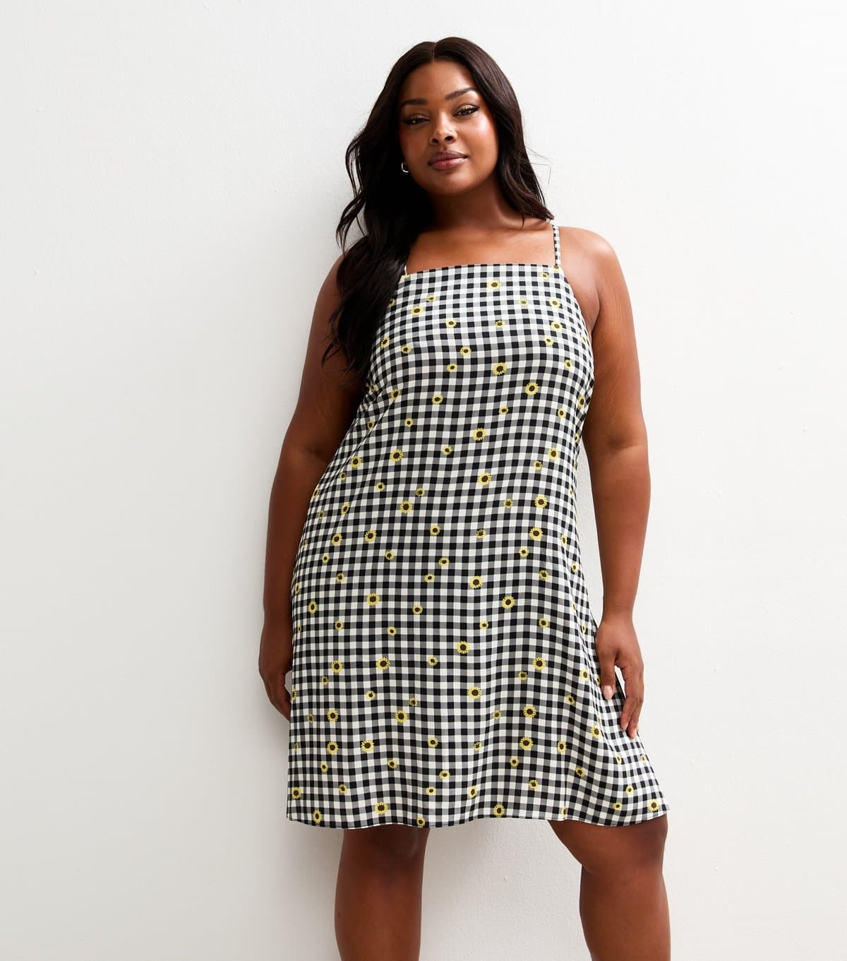 New Look Women's Plus Size Black Gingham Check Floral Print Mini Dress Curves New Look