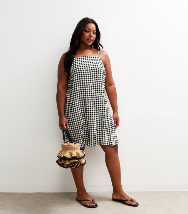 New Look Women's Plus Size Black Gingham Check Floral Print Mini Dress Curves New Look - 3