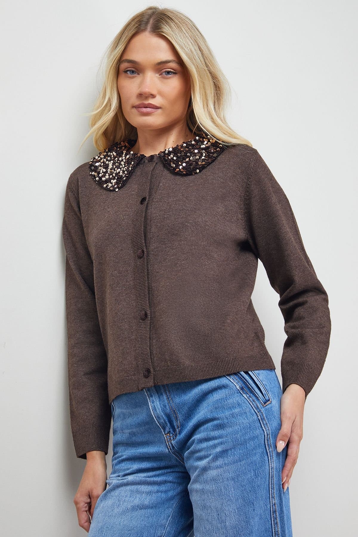 Oasis Oasis Women's Sequin Collar Cardigan in Brown