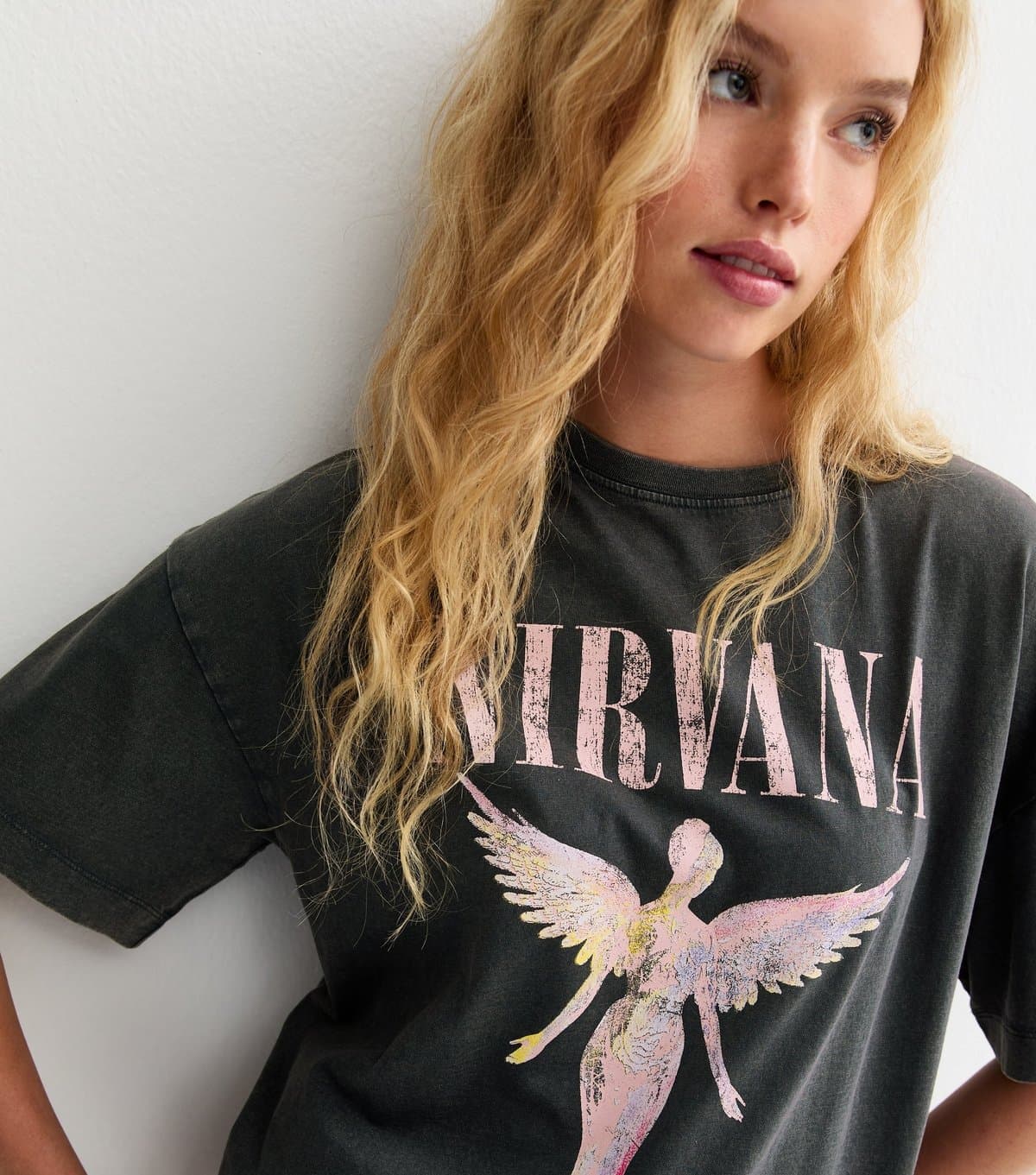 New Look Women's Dark Grey Nirvana Angel Print Oversized T-Shirt New Look
