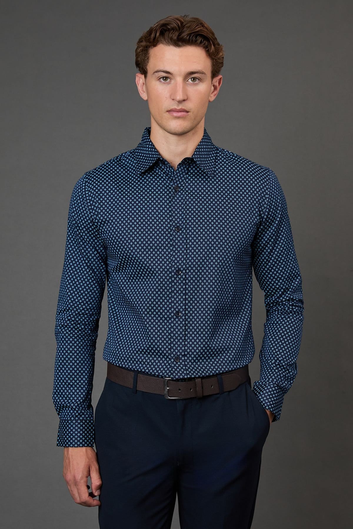 Burton Men's Blue Print Slim Fit Long Sleeve Shirt in Black
