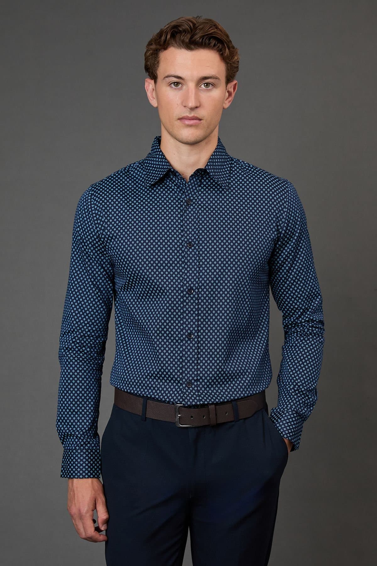 Burton Burton Men's Blue Print Slim Fit Long Sleeve Shirt in Black