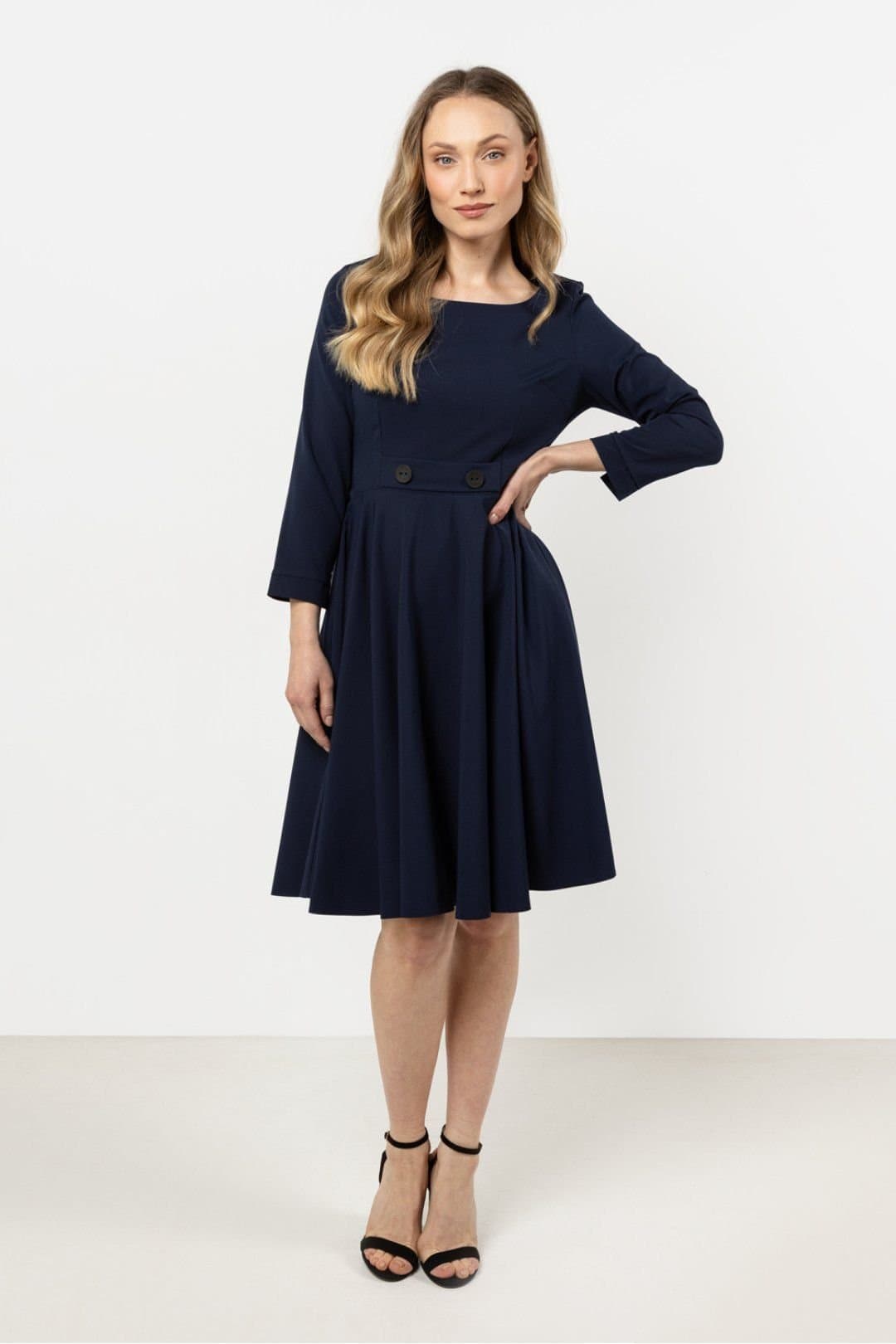 Love Lace Love Lace Women's Classic Flared Boat Neck Dress with Front Buttons in Blue