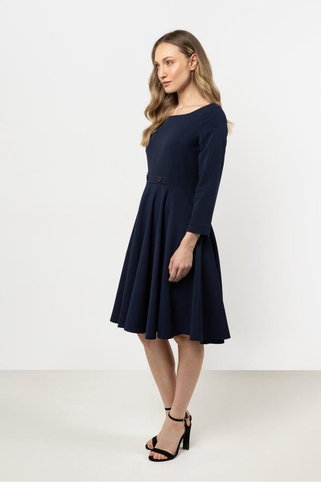 Love Lace Love Lace Women's Classic Flared Boat Neck Dress with Front Buttons in Blue - 2