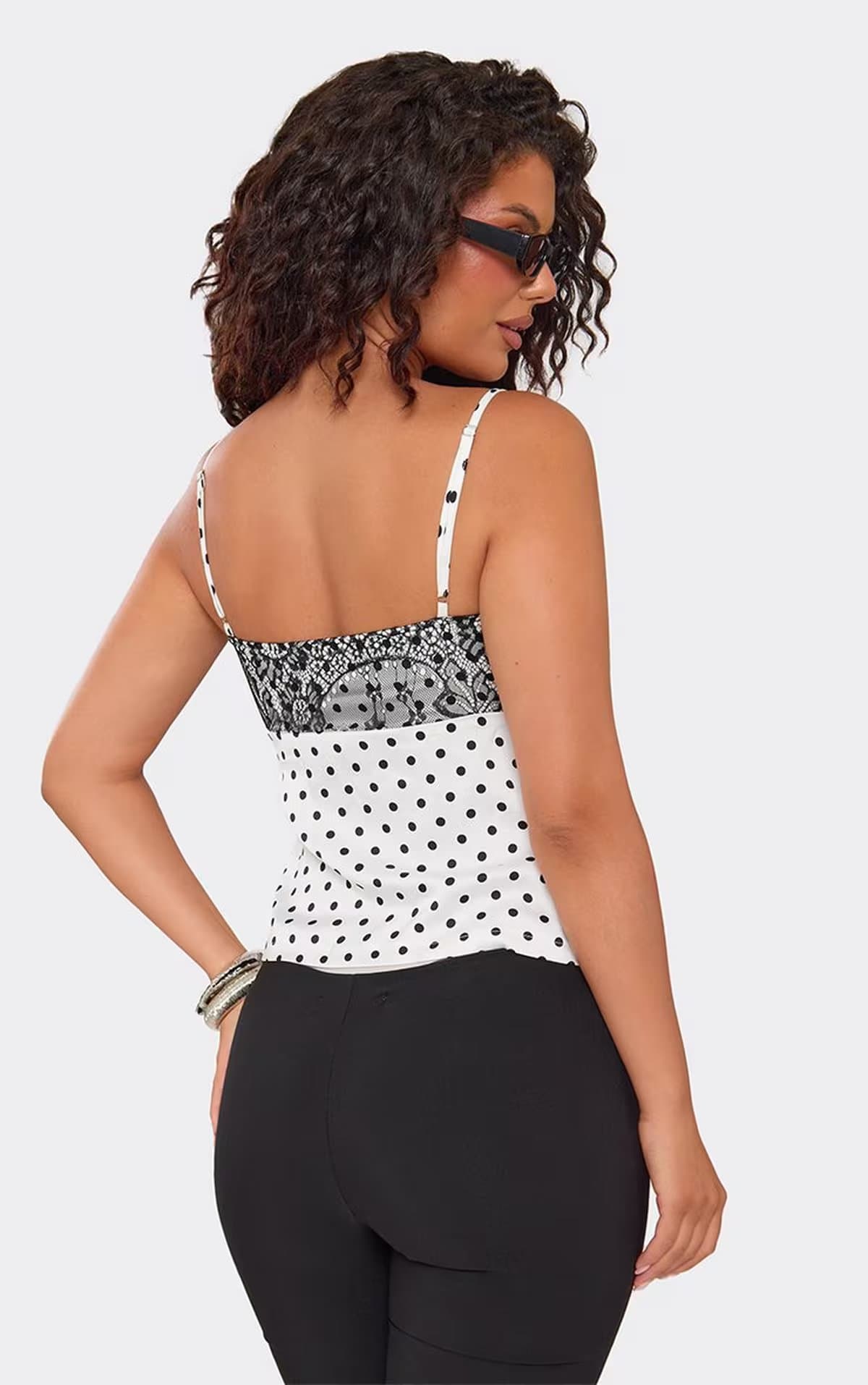 EGO Strappy Contrast Lace Bust Detail Top In White Polka Dot Satin, Women's Size UK 6