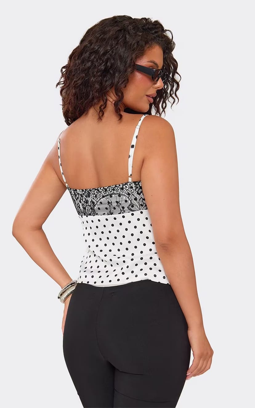 EGO Strappy Contrast Lace Bust Detail Top In White Polka Dot Satin, Women's Size UK 6 - 1