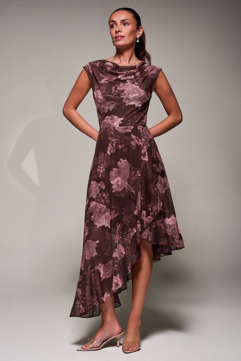 Jolie Moi Jolie Moi Women's Asymmetrical Draped Mesh Midaxi Dress in Burgundy - 4