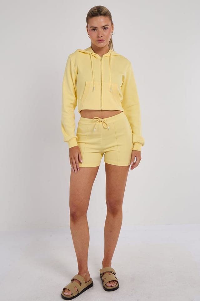 STYLEWISE STYLEWISE Women's Zipped Hooded Crop Top & Seam Detail Shorts Fleece Co-ord in Yellow - 2