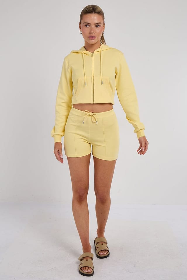 STYLEWISE STYLEWISE Women's Zipped Hooded Crop Top & Seam Detail Shorts Fleece Co-ord in Yellow - 3