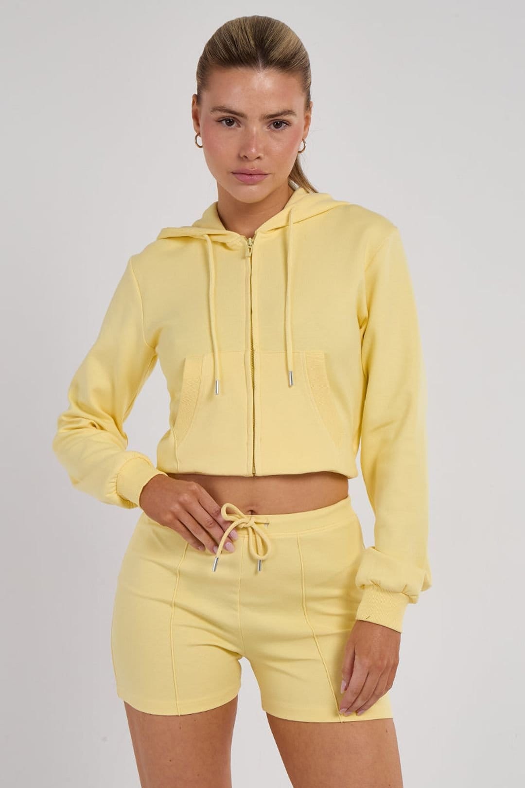 STYLEWISE STYLEWISE Women's Zipped Hooded Crop Top & Seam Detail Shorts Fleece Co-ord in Yellow - 4